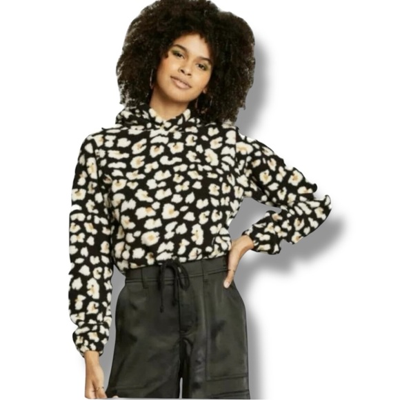 wild fable Tops - Wild Fable Black With Tan/White Animal Print Cropped Fleece Hooded Sweatshirt
